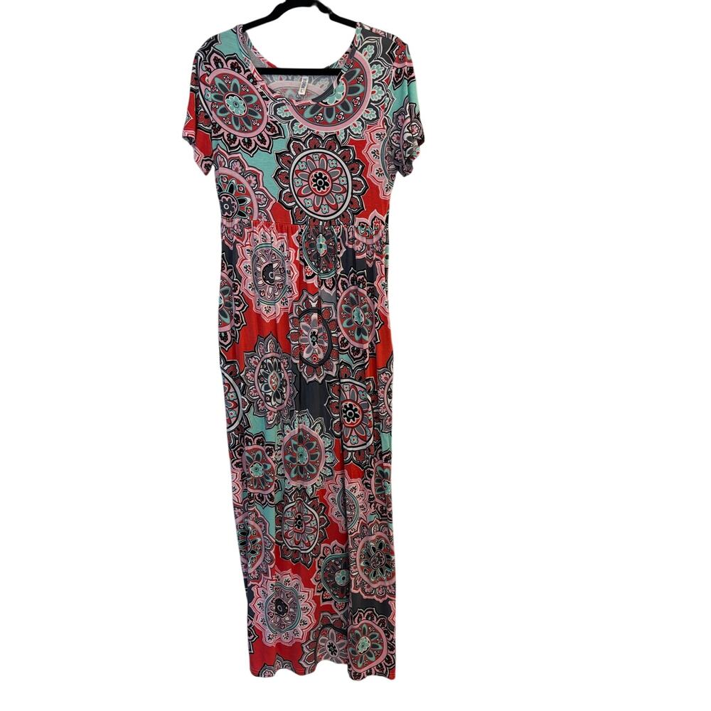 Boho Floral Mandala Maxi Dress Short Sleeve Multicolor Casual Vacation Large